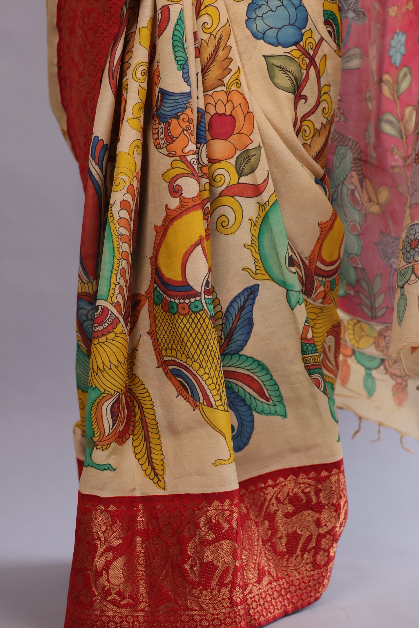 Cream Hand Painted Pen Kalamkari Silk Saree