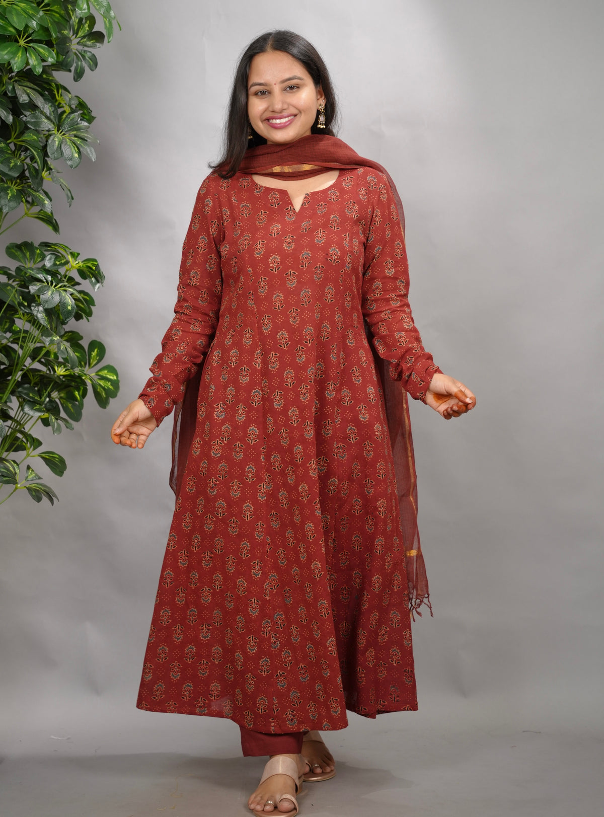 Rust Maroon Ajrakh Handblock Printed Kali Kurta with Chudi Sleeves