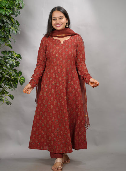 Rust Maroon Ajrakh Handblock Printed Kali Kurta with Chudi Sleeves
