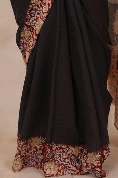 Black Hand Block Printed Kalamkari Cotton Saree | Looms & Tassels
