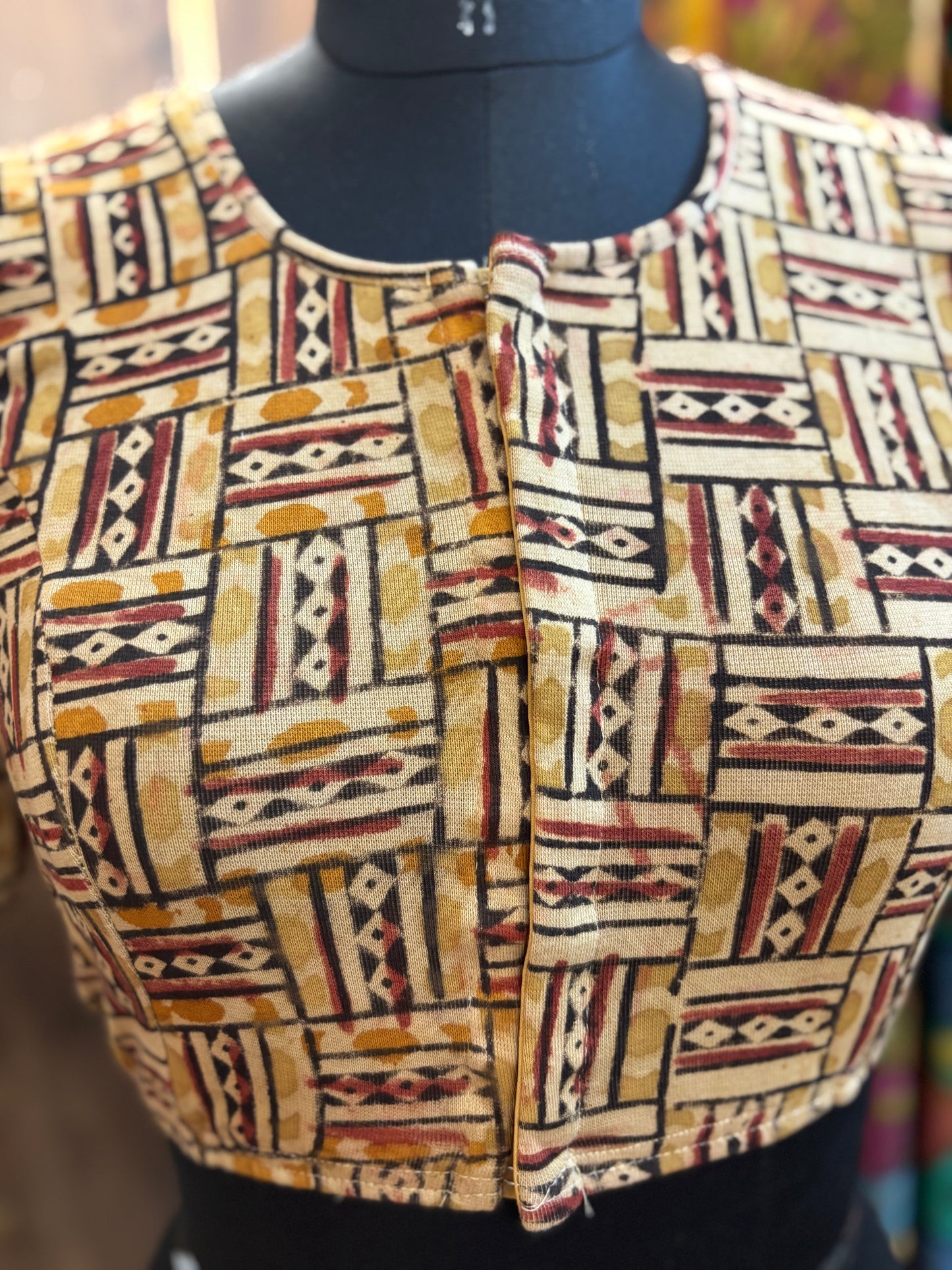 Round neck Stretchable Hand block printed kalamkari blouse with front hooks