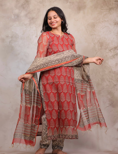 Red Handblock printed kota 3 piece suit (stitched)