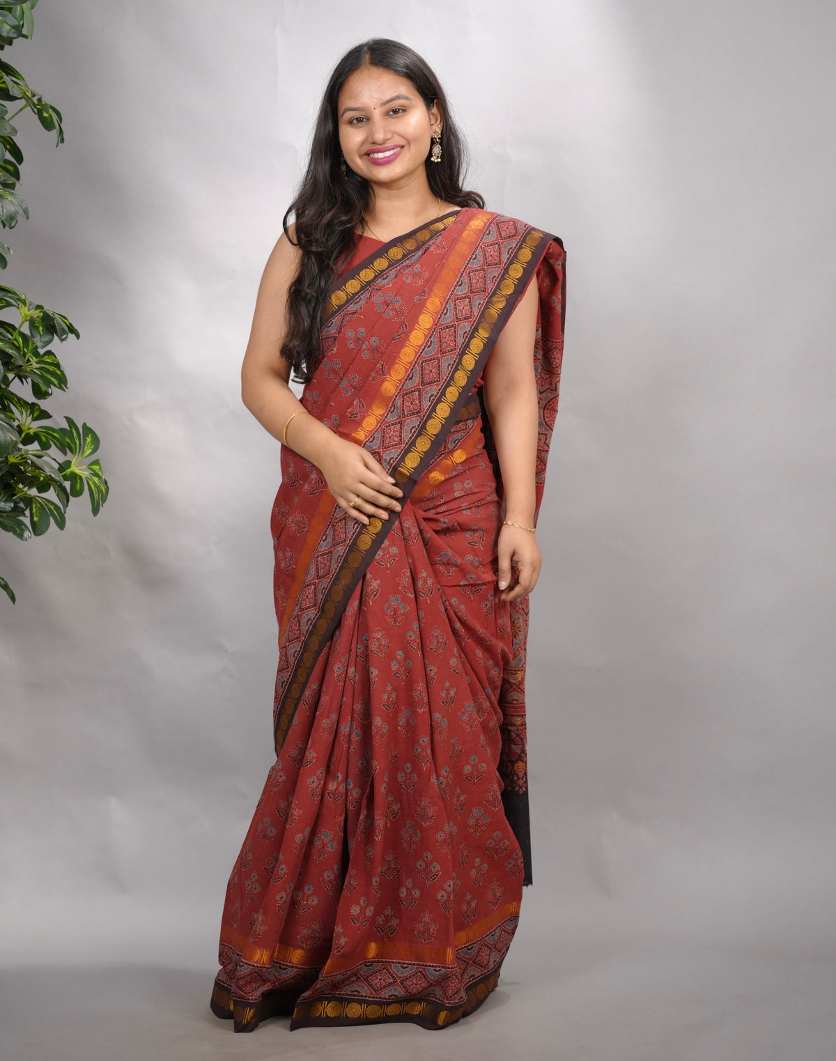 Maroon Ajrakh Hand Block Printed Sungudi Cotton Saree | Looms & Tassels