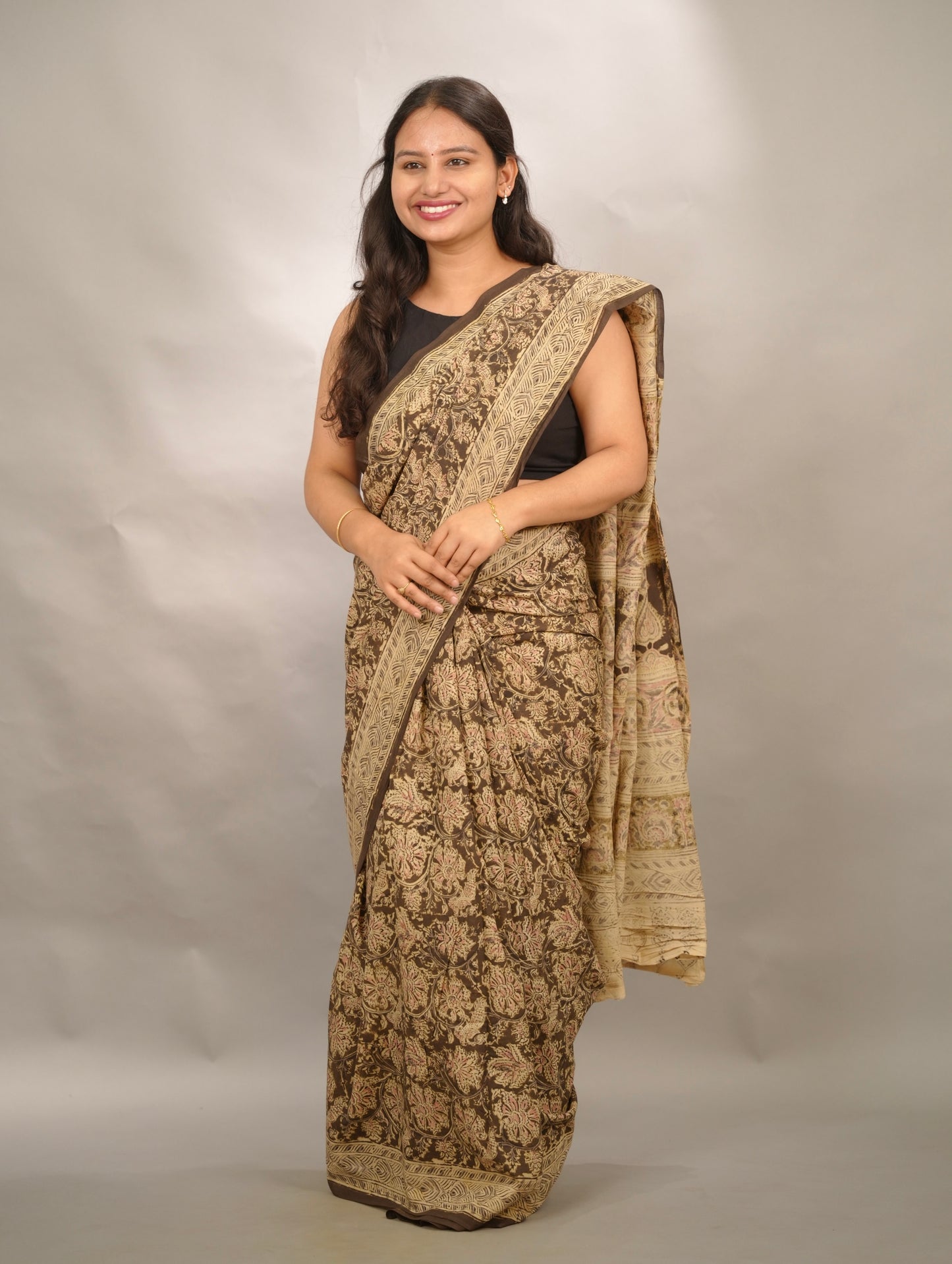 Mehendi Green Hand Block Printed Kalamkari Cotton Saree | Looms & Tassels