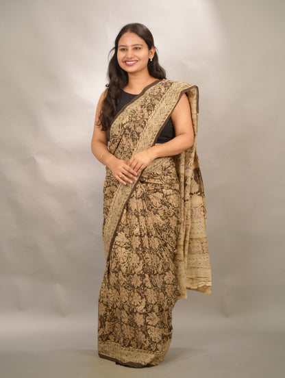 Mehendi Green Hand Block Printed Kalamkari Cotton Saree | Looms & Tassels