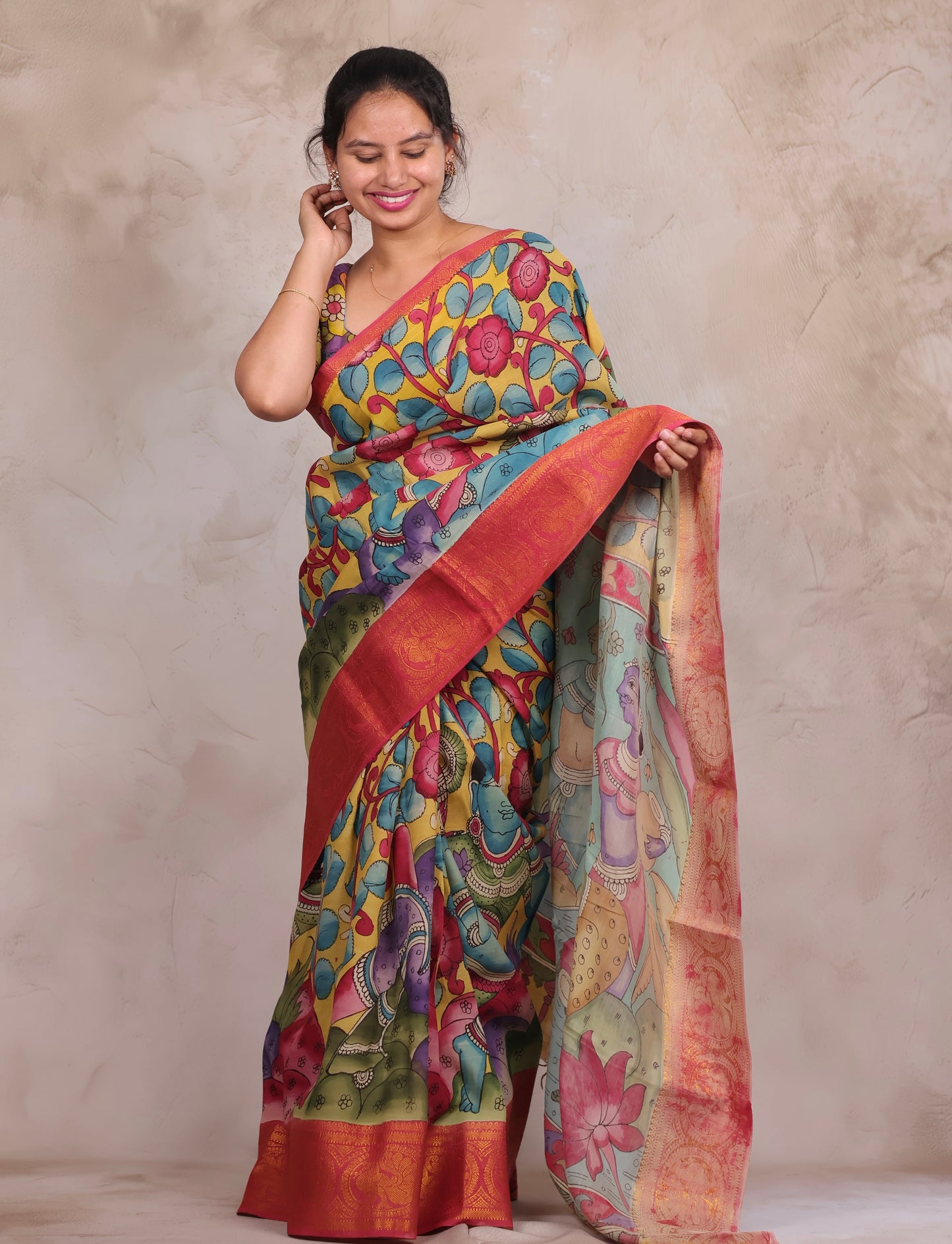 Hand Drawn Pen Kalamkari Yellow And Red's pink Bangalore Silk Kanchi Border Saree | Looms & Tassels