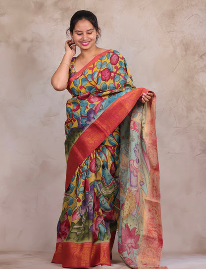 Hand Drawn Pen Kalamkari Yellow And Red's pink Bangalore Silk Kanchi Border Saree | Looms & Tassels