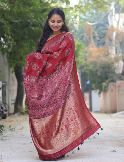 Maroon Butta Ajrakh Handblock Printed Dola Silk Saree