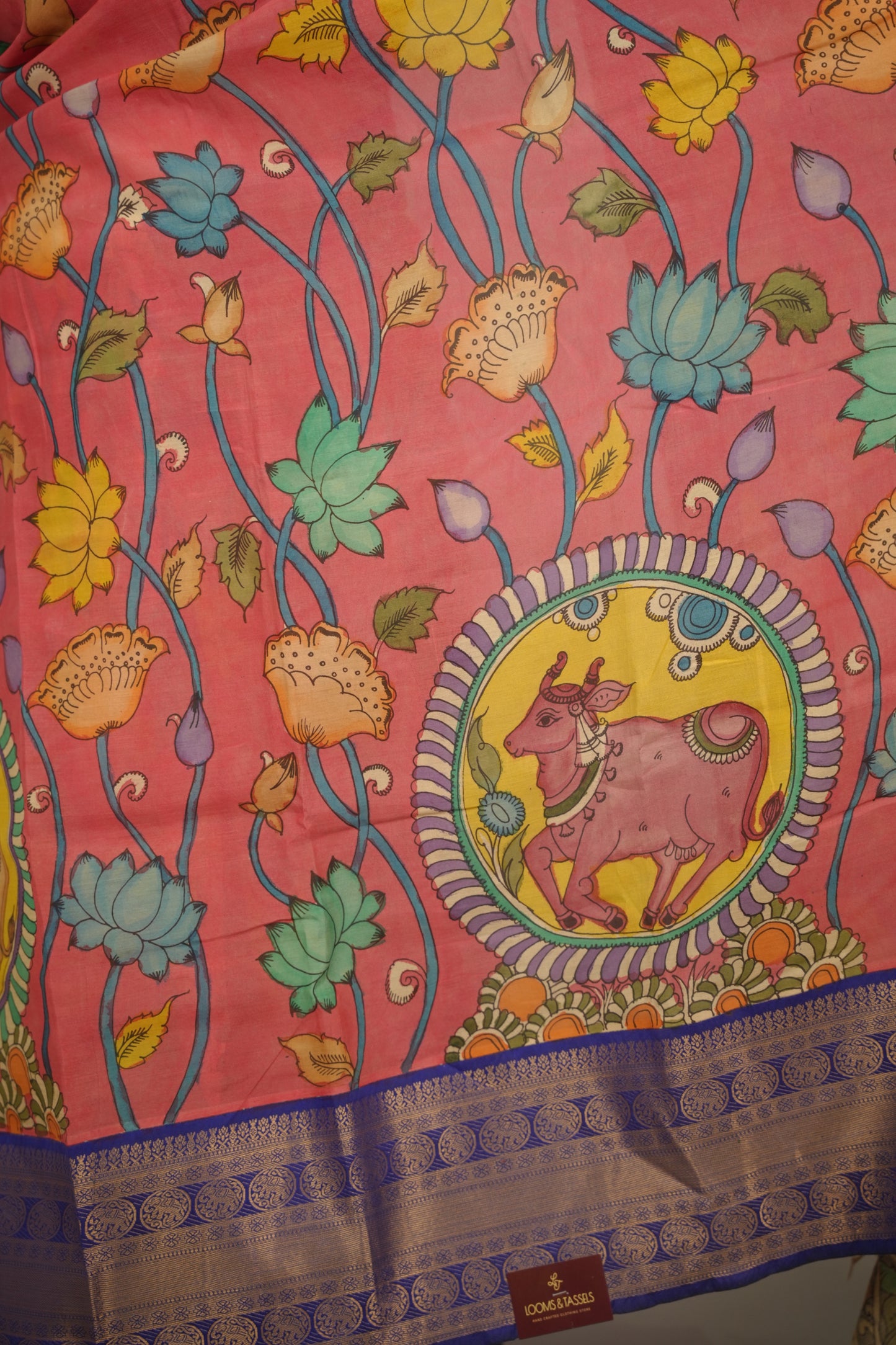 Peach Hand Drawn Pen Kalamkari Bangalore Silk Kanchi Border Saree | Looms & Tassels