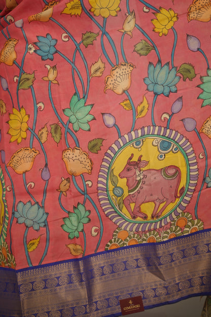 Peach Hand Drawn Pen Kalamkari Bangalore Silk Kanchi Border Saree | Looms & Tassels