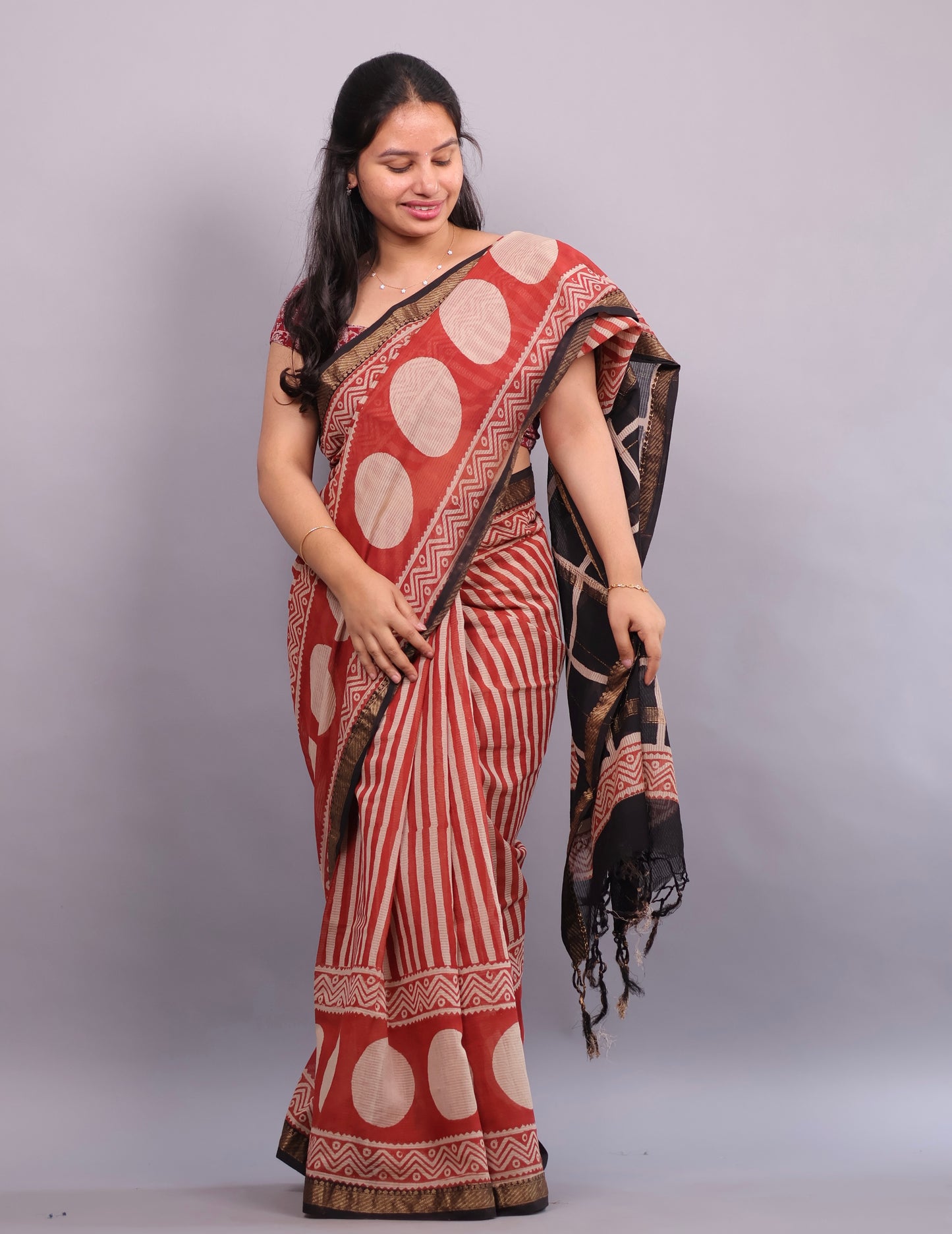 Red Bagru Hand Block Printed Maheswari Silk Cotton Saree