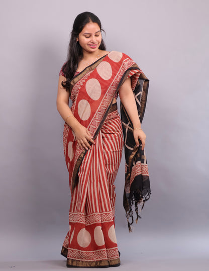 Red Bagru Hand Block Printed Maheswari Silk Cotton Saree
