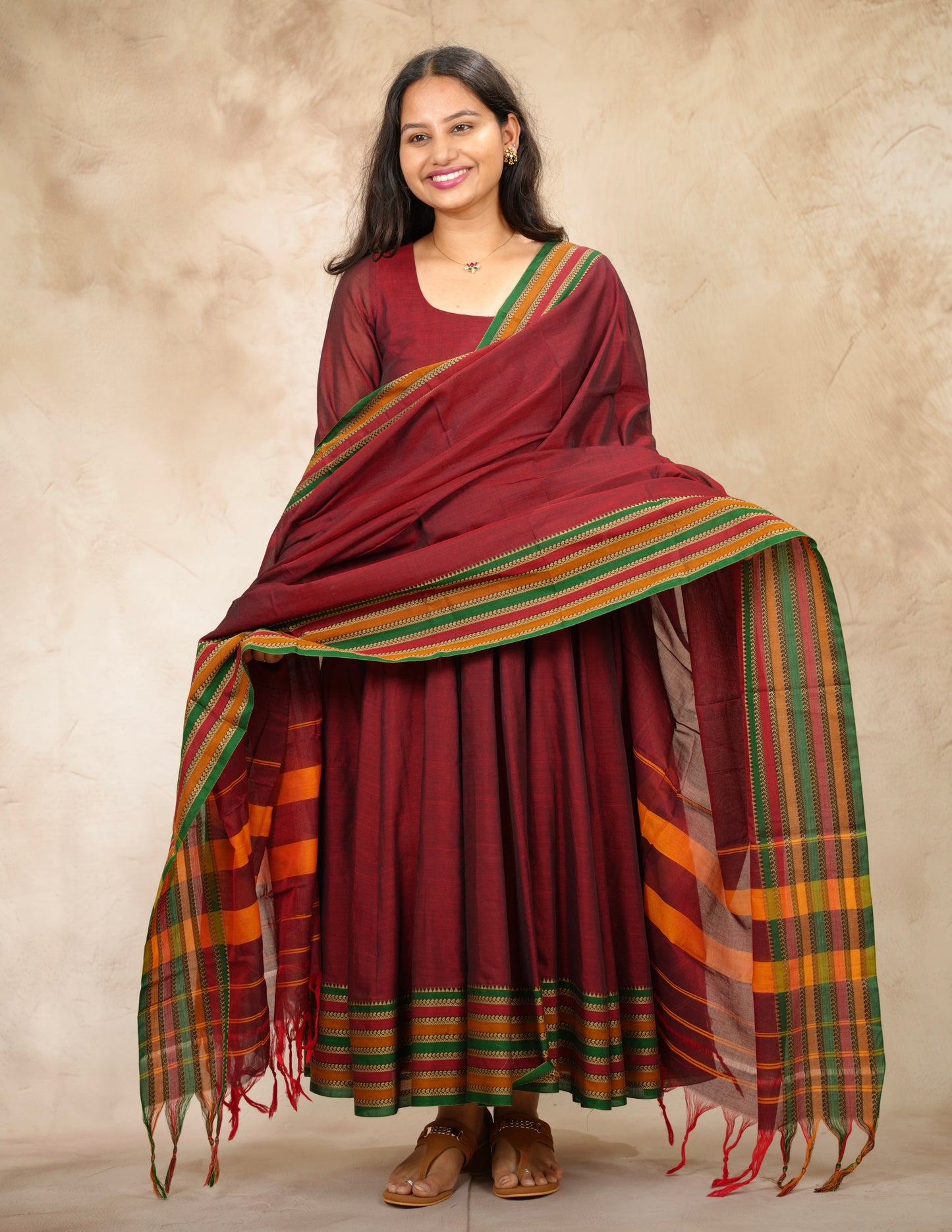 Maroon Narayanpet Cotton Anarkali Dress with Narayanpet Dupatta | Looms & Tassels