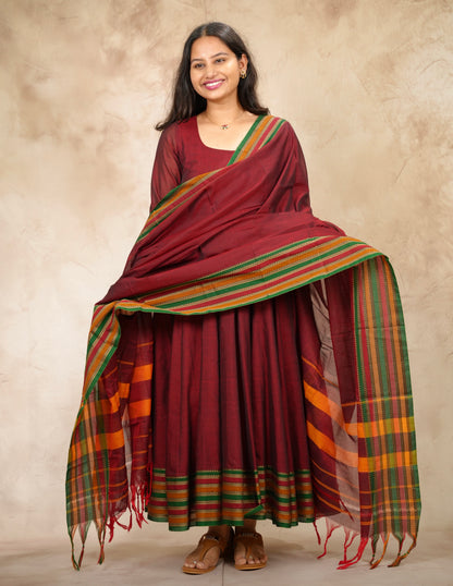 Maroon Narayanpet Cotton Anarkali Dress with Narayanpet Dupatta | Looms & Tassels