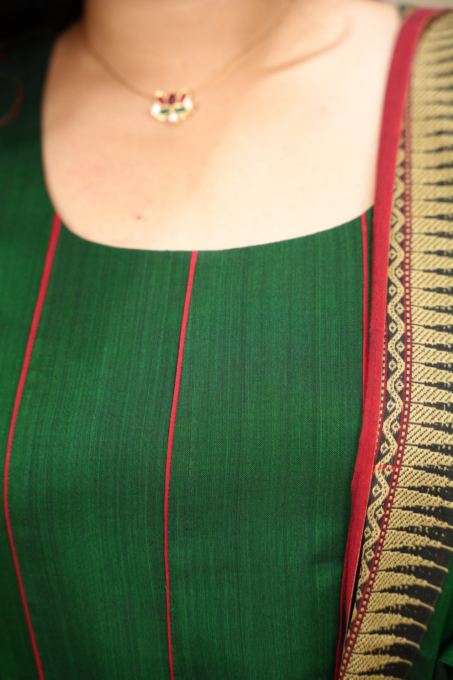 Green Narayanpet Cotton Anarkali Dress with Narayanpet Dupatta | Looms & Tassels