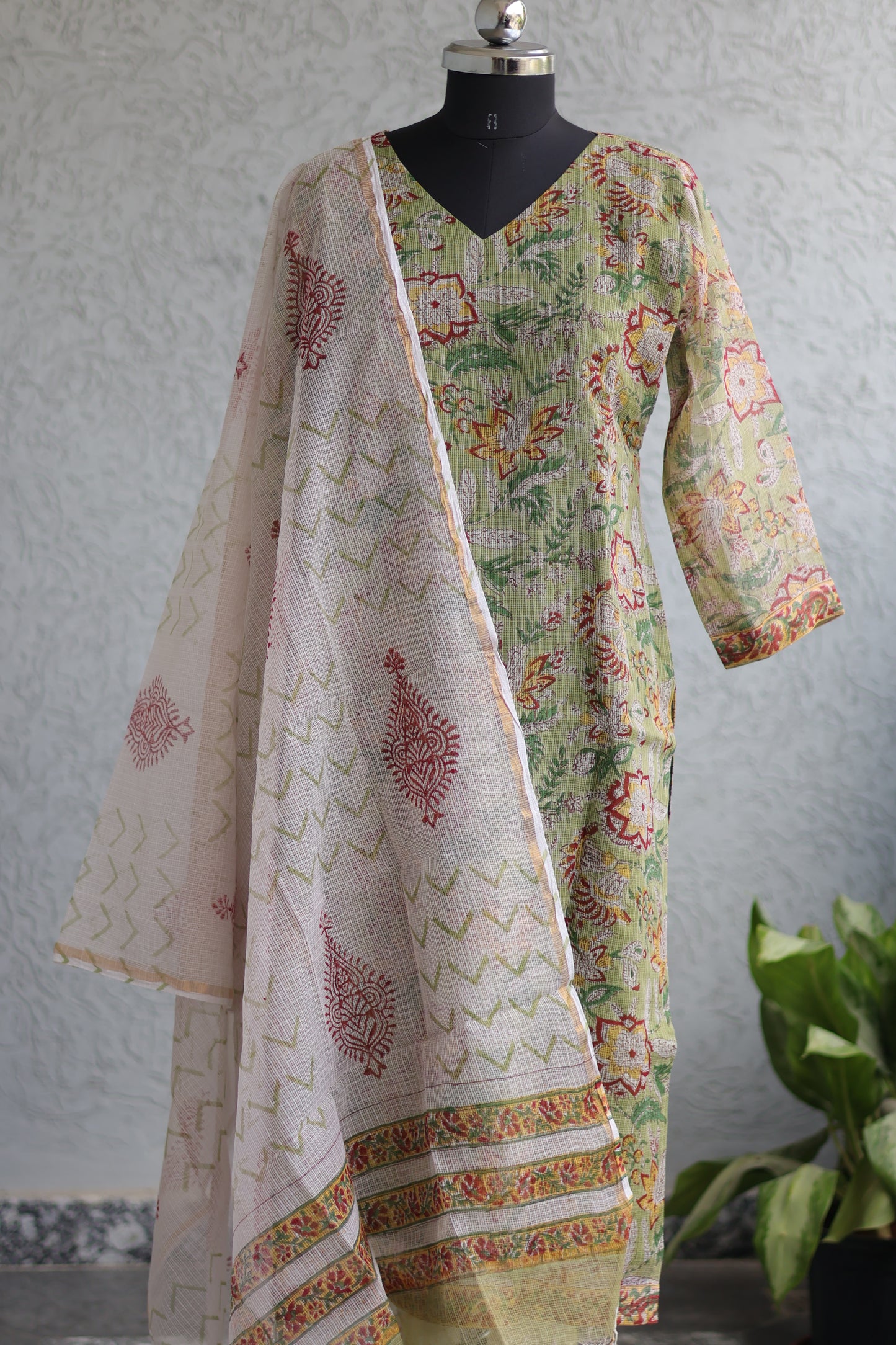 Green Handblock printed kota 3 piece suit (stitched)