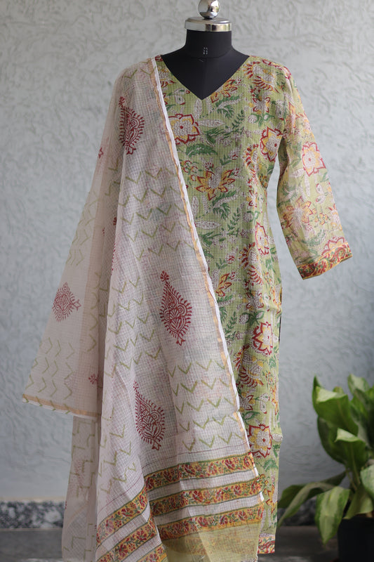 Green Handblock printed kota 3 piece suit (stitched)