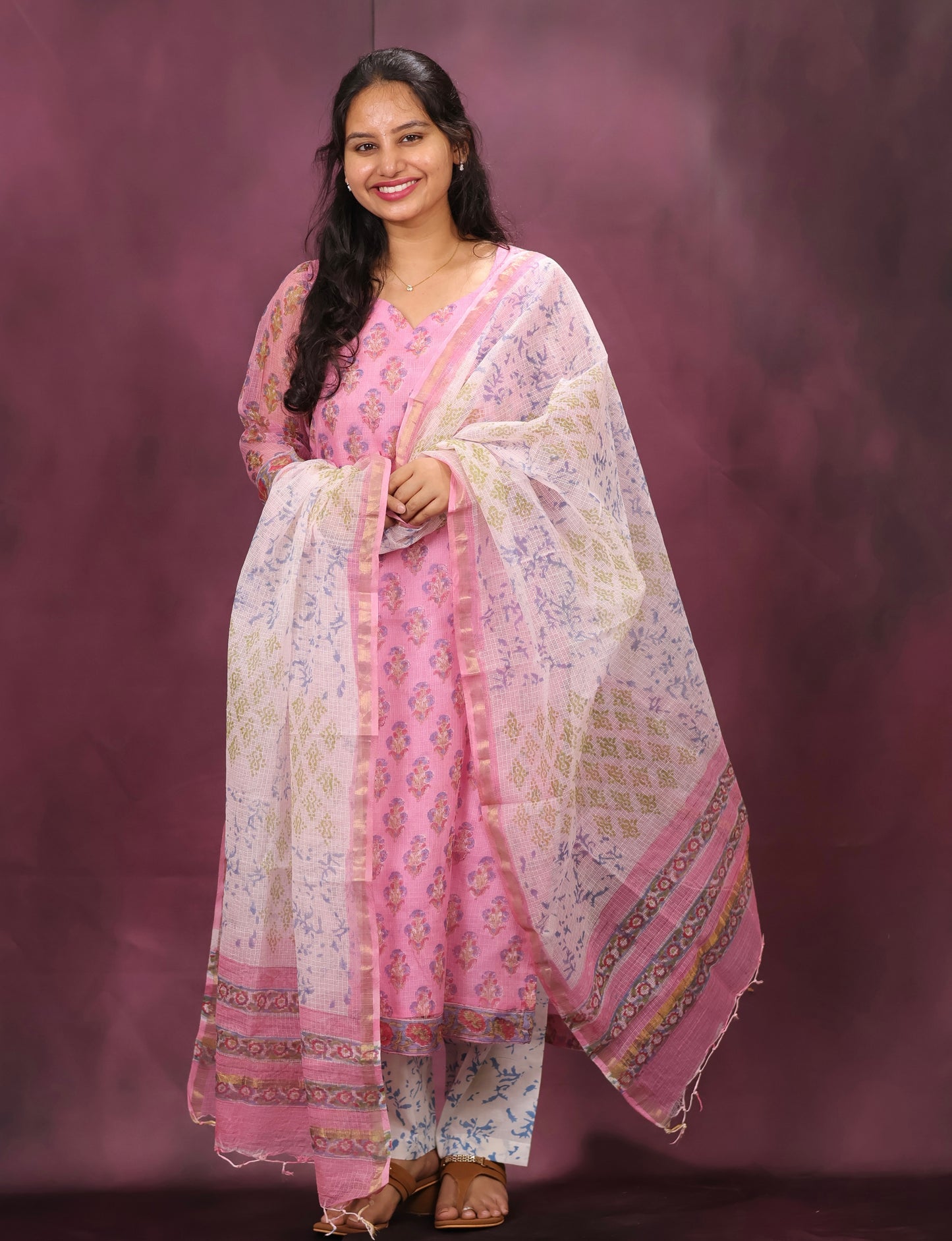 Pink Handblock printed kota 3 piece suit (stitched)
