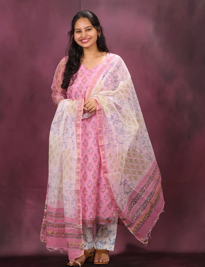 Pink Handblock printed kota 3 piece suit (stitched)