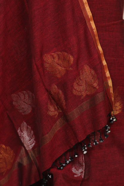 Rust Handwoven Jamdhani weaving pure Linen 2 piece suit sets | Looms & Tassels