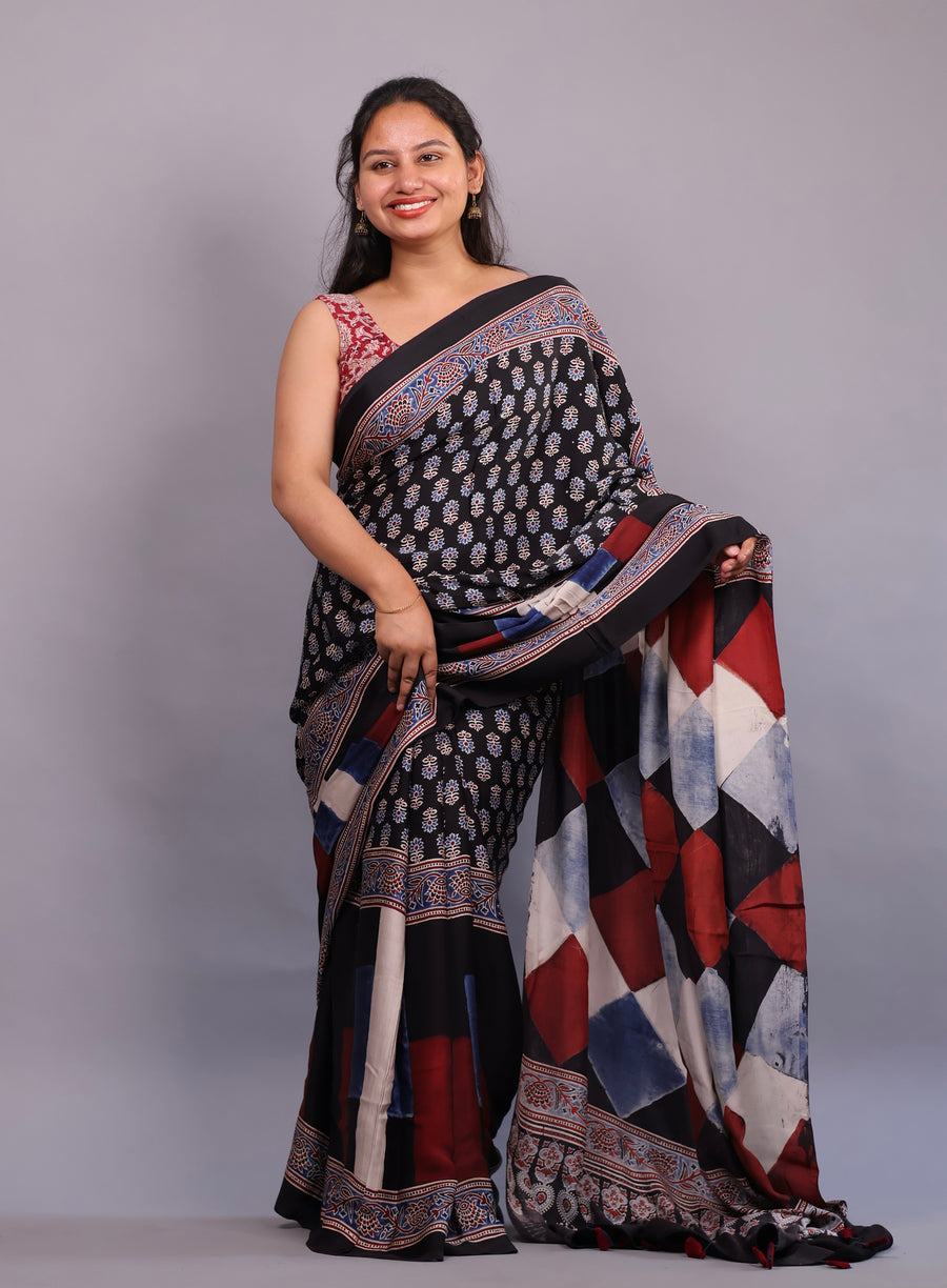 Authentic Ajrakh Handblock Printed Modal Silk Saree | Looms & Tassels