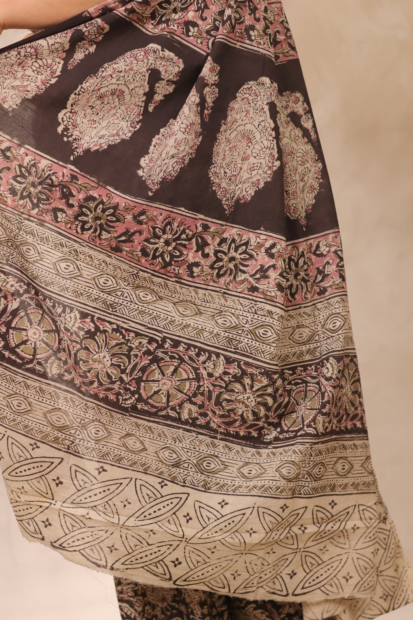 Black Hand Block Printed Kalamkari Cotton Saree | Looms & Tassels