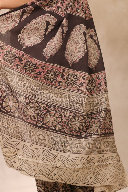 Black Hand Block Printed Kalamkari Cotton Saree | Looms & Tassels