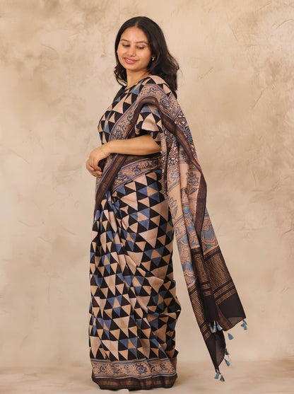 Maheswari Silk Cotton Ajrakh Handblock Printed Saree | Looms & Tassels