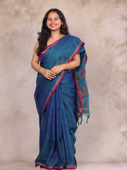 Peacock Blue Narayanpet Cotton Saree lines weaving  | Looms & Tassels