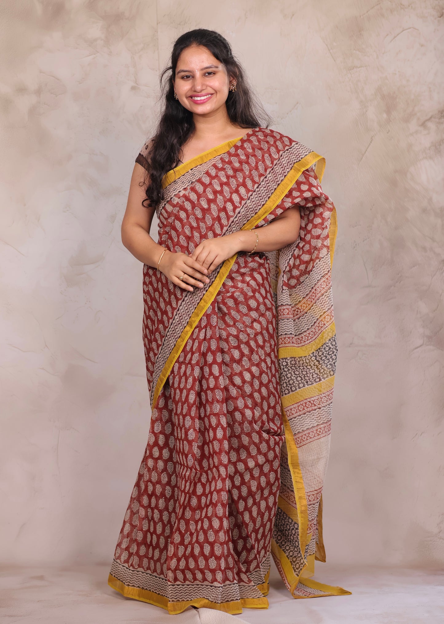 Maroon Pure Kota Doria Saree with Bagru Handblock Prints | Looms & Tassels