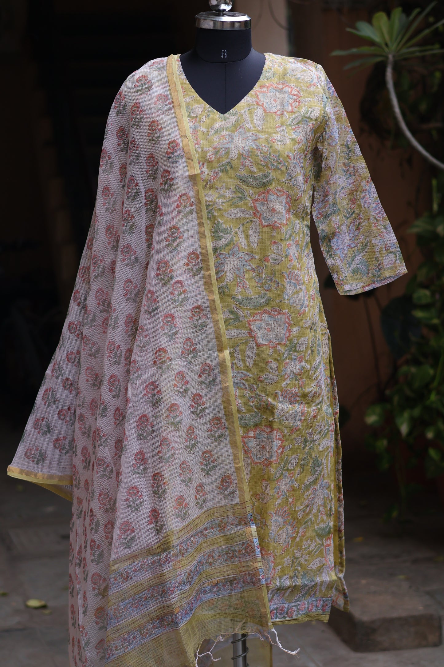 Parrot Green Handblock printed kota 3 piece suit (stitched)