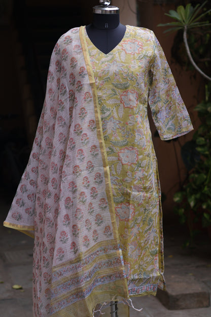 Parrot Green Handblock printed kota 3 piece suit (stitched)