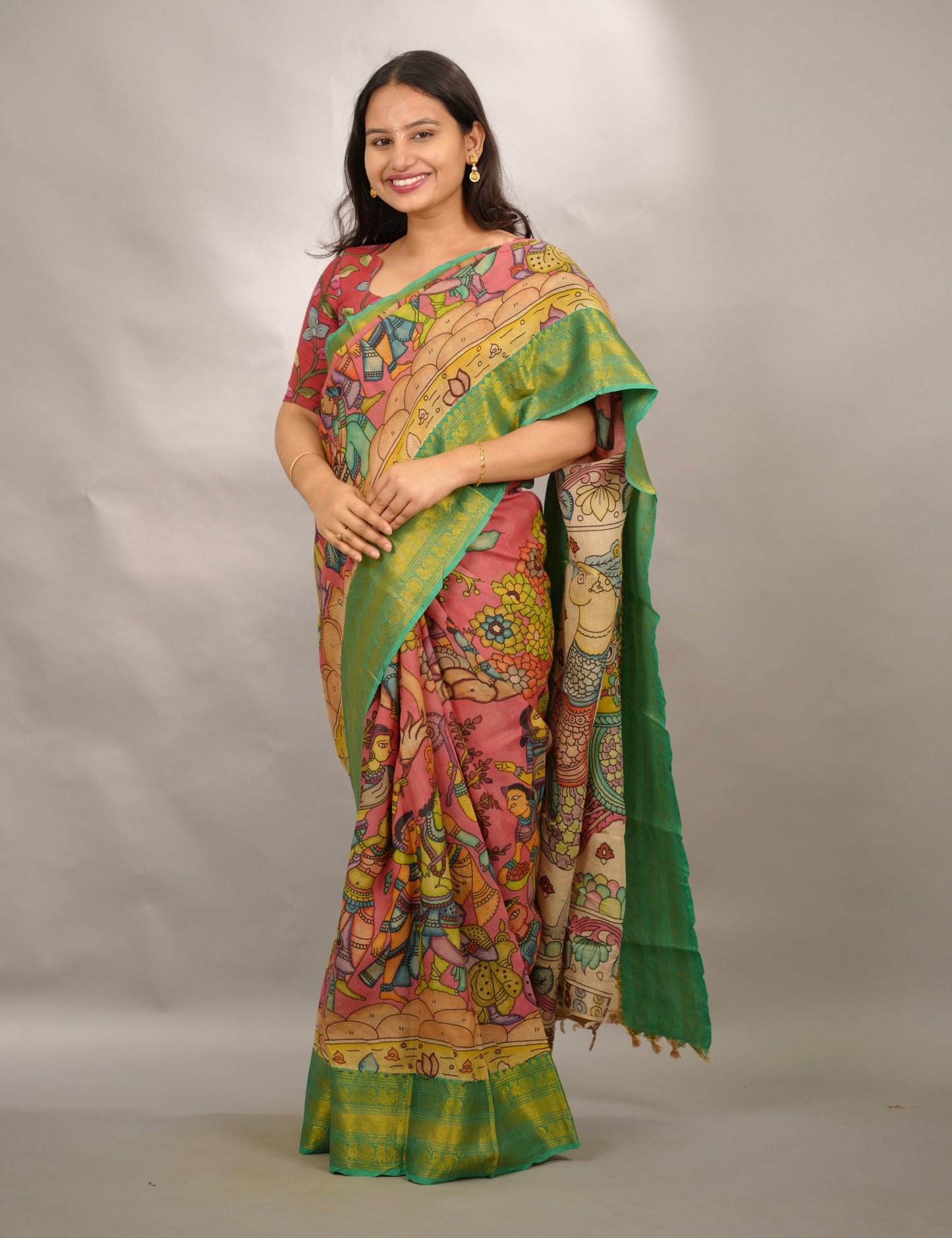 Pink Hand Drawn Pen Kalamkari Bangalore Silk Kanchi Border Saree | Looms & Tassels