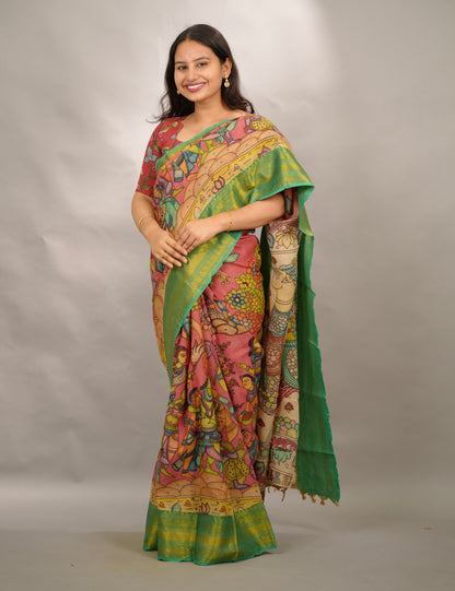 Pink Hand Drawn Pen Kalamkari Bangalore Silk Kanchi Border Saree | Looms & Tassels