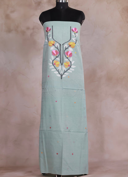 Pastel Mint Green Handwoven Jamdhani weaving pure Malai cotton 2 piece suit sets | Looms & Tassels