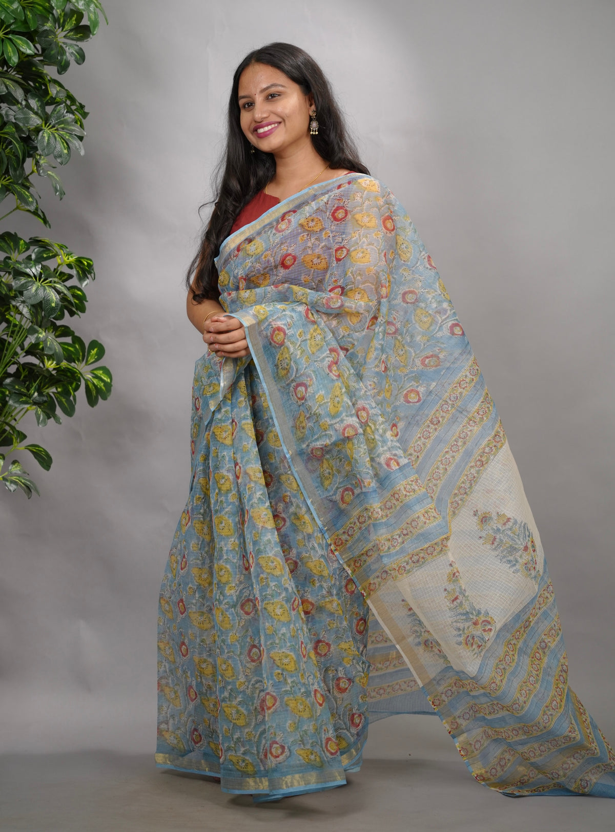 Powder Blue Pure Kota Doria Saree with Bagru Handblock Prints