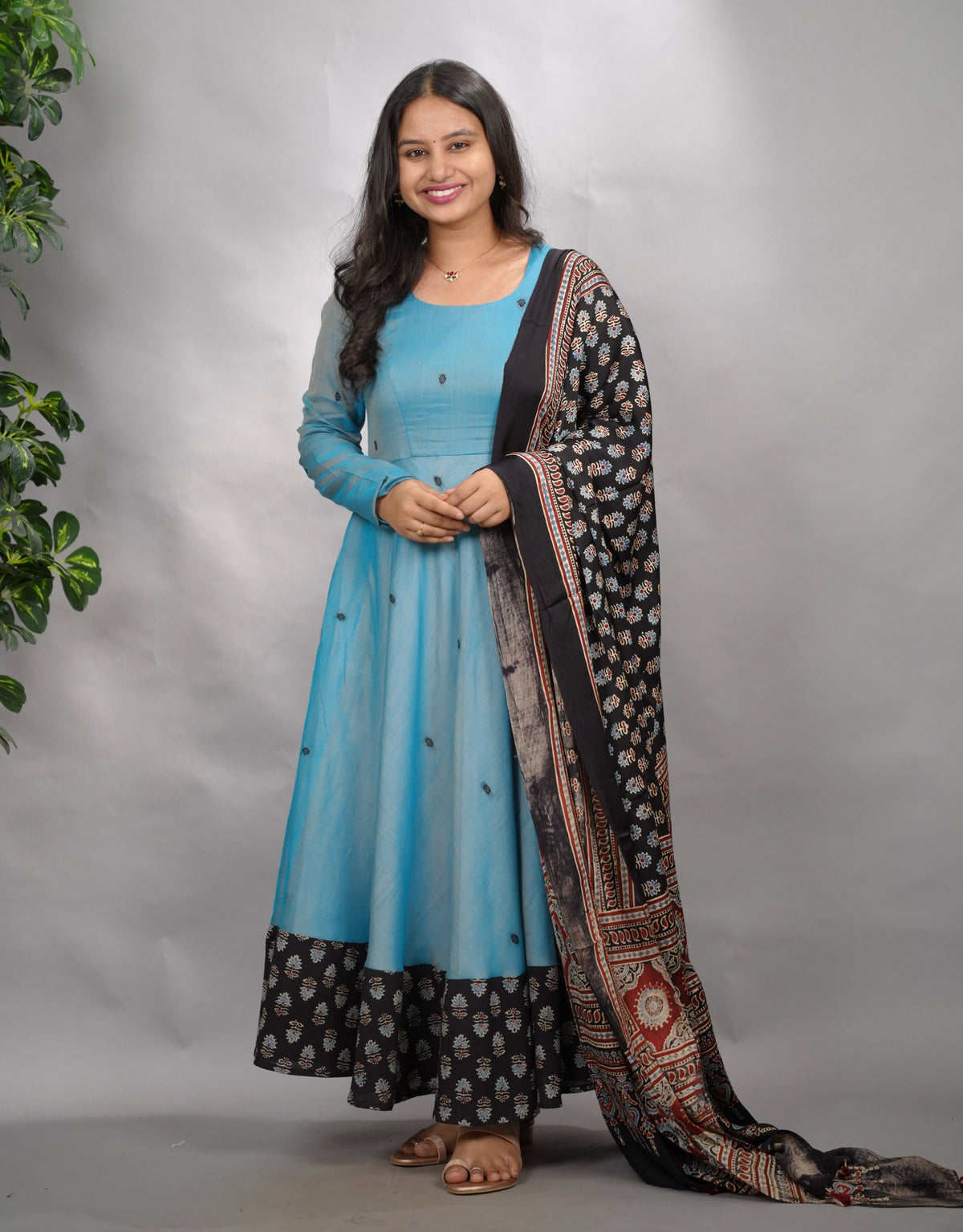 Sky Blue Ajrakh Patch Work Narayanpet Cotton Anarkali Dress with Ajrakh Modal Silk Dupatta | Looms & Tassels