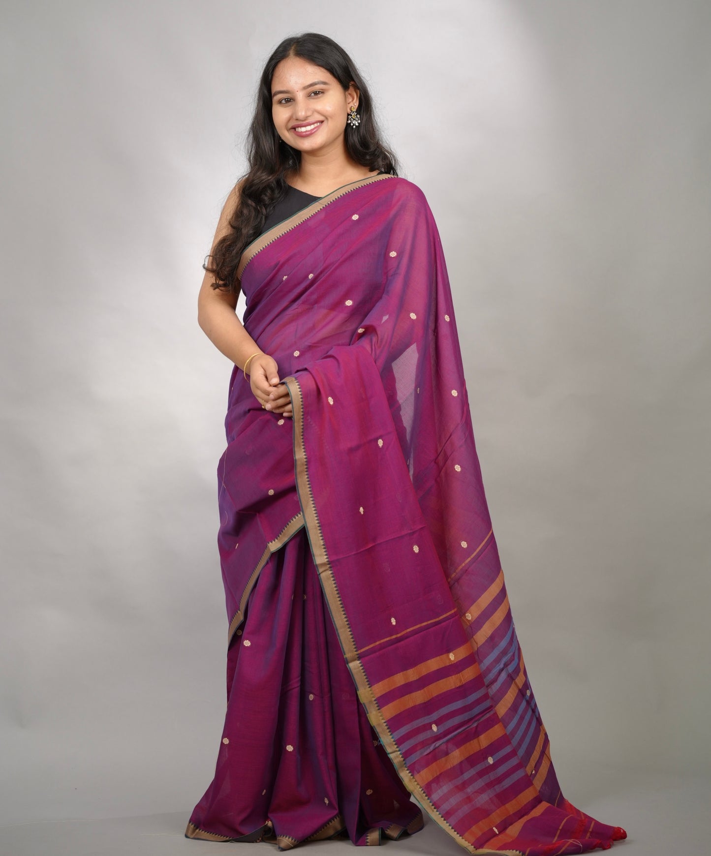 Purple Narayanpet Cotton Saree With Butta Weaving | Looms & Tassels