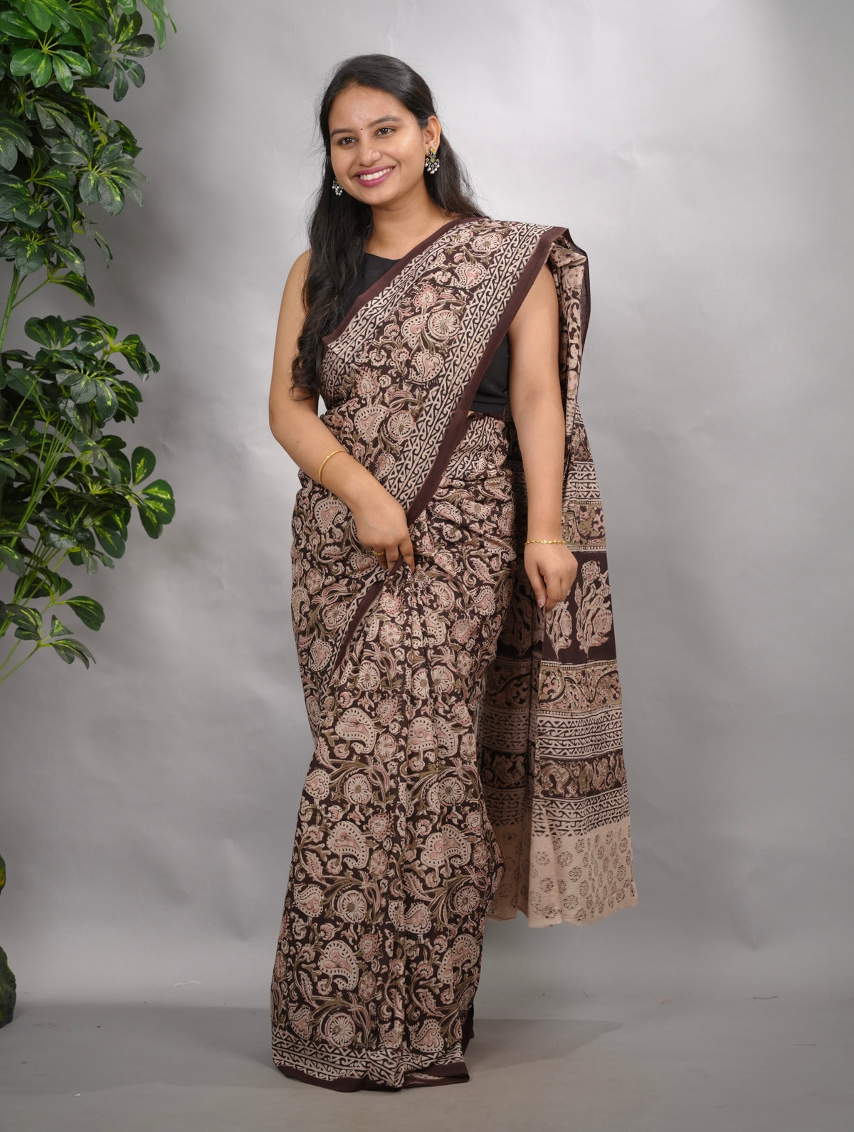 Dark Maroon Hand Block Printed Kalamkari Cotton Saree | Looms & Tassels