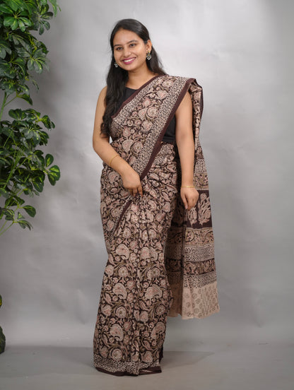 Dark Maroon Hand Block Printed Kalamkari Cotton Saree | Looms & Tassels