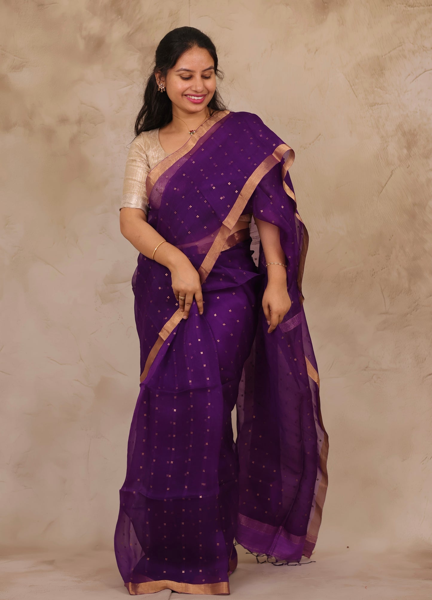 Purple Handwoven Muslin Silk Saree With Sequence Work | Looms & Tassels