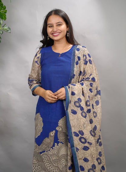 Blue Kalamkari Kota Cotton 3 piece suit (stitched) | Looms & Tassels