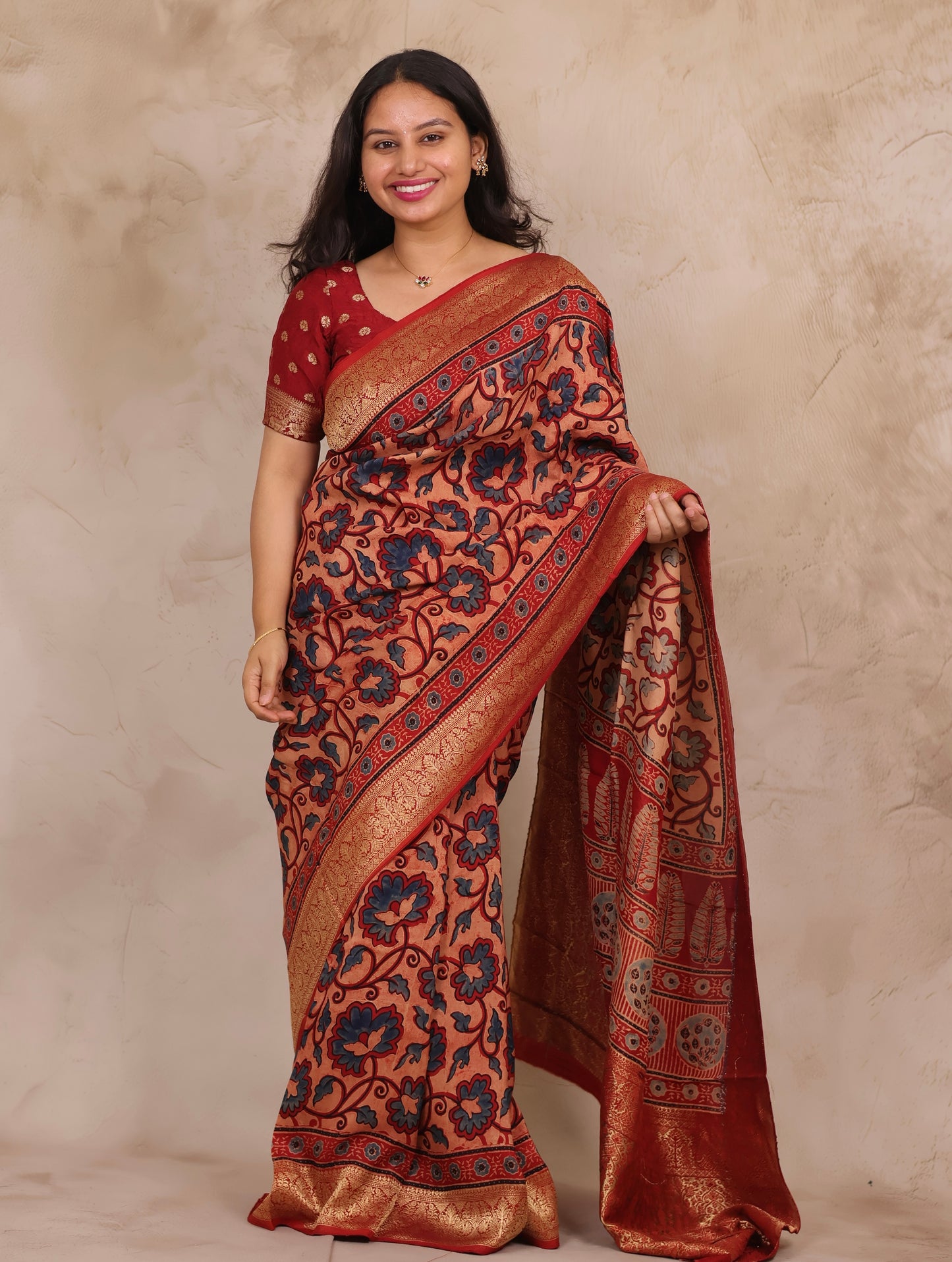 Onion Pink & Blue Ajrakh Handblock printed Dola Silk Saree | Looms & Tassels