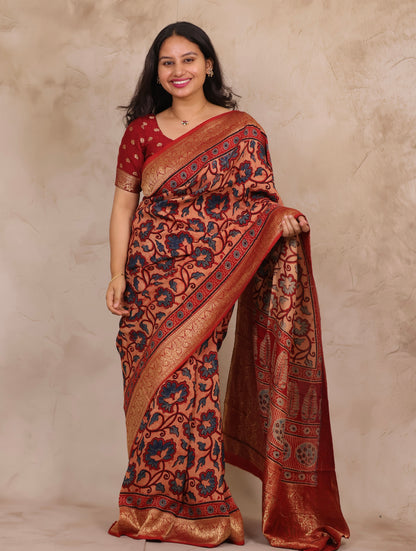 Onion Pink & Blue Ajrakh Handblock printed Dola Silk Saree | Looms & Tassels