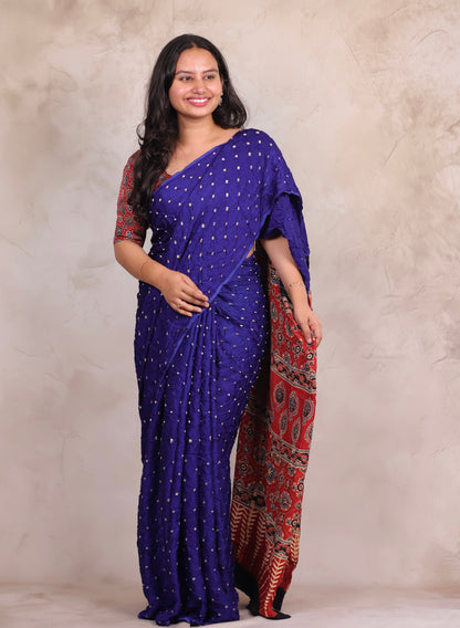 Royal Blue Hand Knotted Bandhej Modal Silk Saree with Ajrakh Pallu | Looms & Tassels