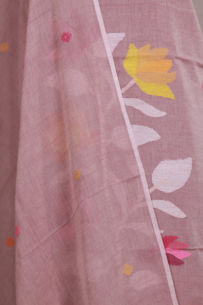 Dusty Pink Handwoven Jamdhani weaving pure Malai cotton 2 piece suit sets | Looms & Tassels