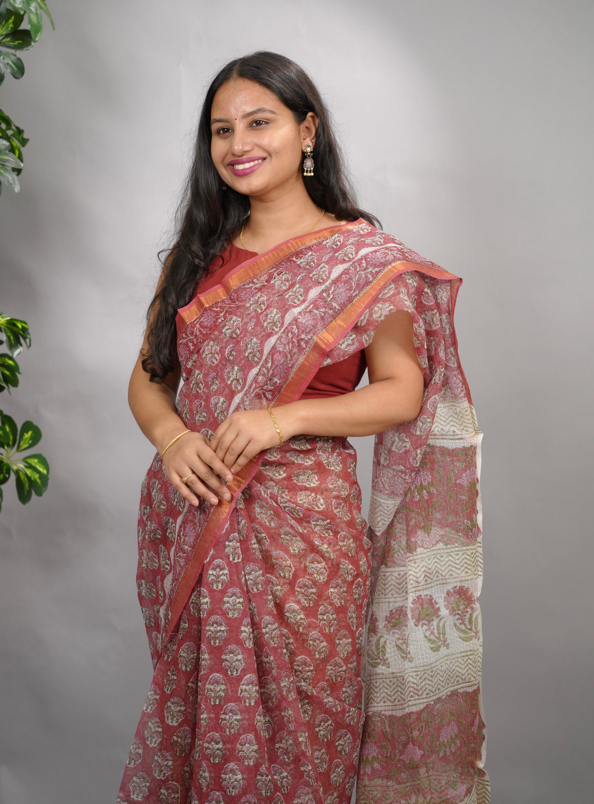 Dusty Rose Pink Pure Kota Doria Saree with Bagru Handblock Prints