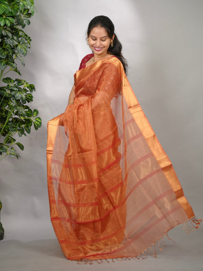 Rust Checks Handloom Maheswari Tissue Silk Cotton Sarees | Looms & Tassels
