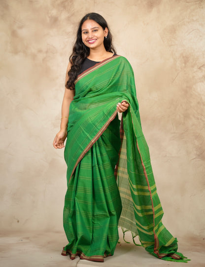 Parrot Green Narayanpet Cotton Saree lines weaving | Looms & Tassels