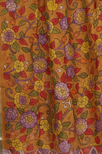 Mustard Pen Kalamkari Mangalagiri silk Dupatta
